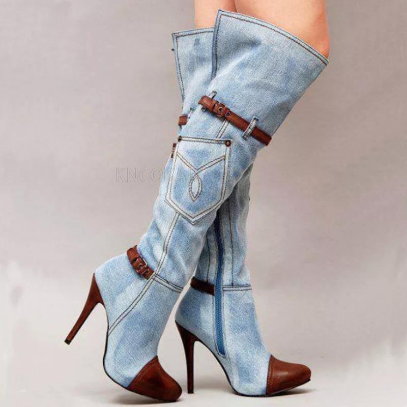 New denim boots with high heels, fashionable knee length women's boots, autumn and winter denim high heels, sexy buttons