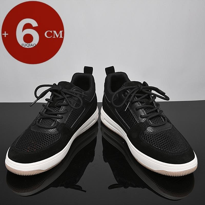 Men Summer Casual Elevator Shoes 6cm Hidden Height Increaser Hollow Out Breathable Mesh Pigskin All-Match Daily Lift Sneakers