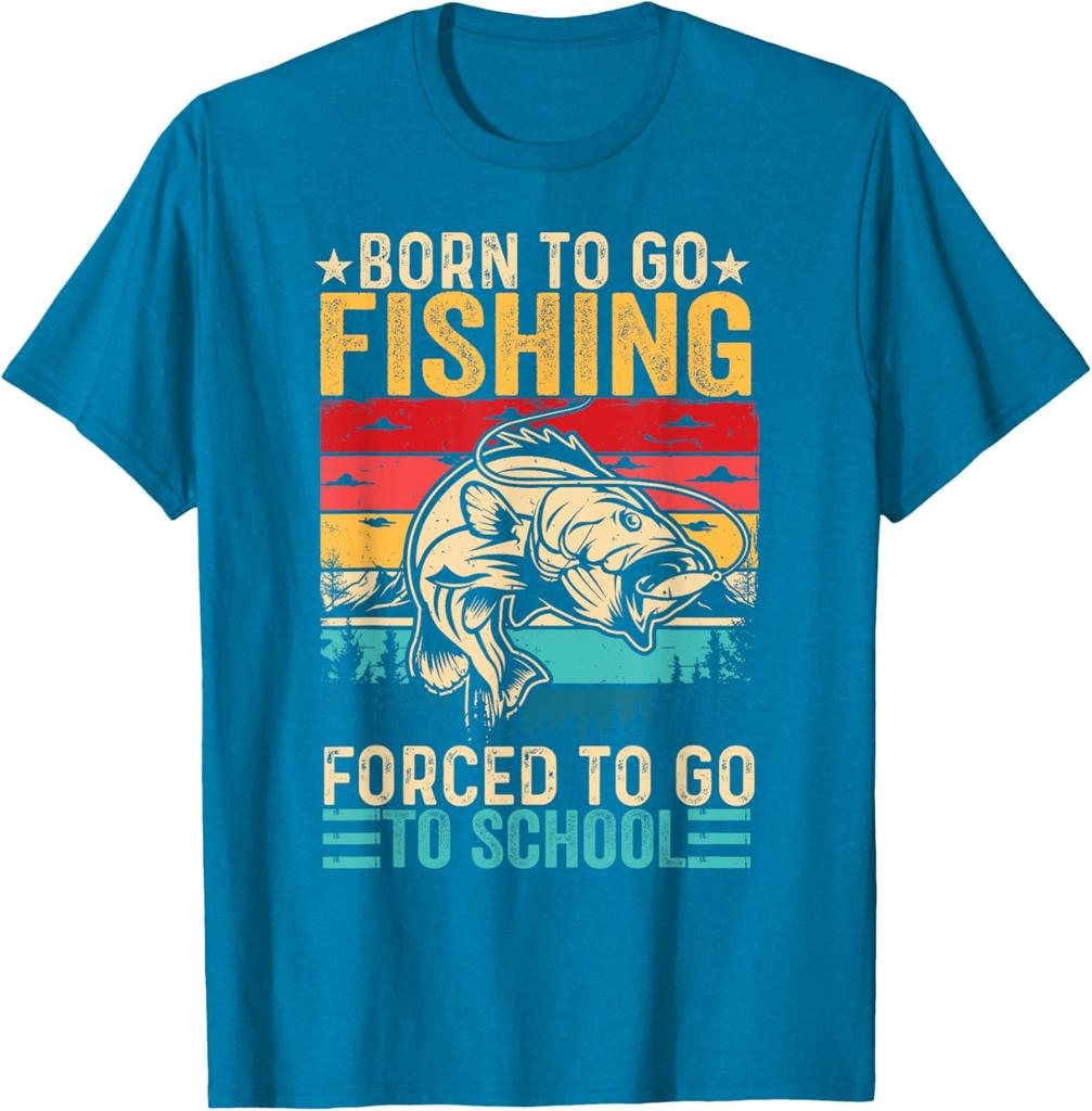 Born To Go Fishing Forced To Go School Graphic TShirt Retro Sunset Lake Trees Men Casual Tee