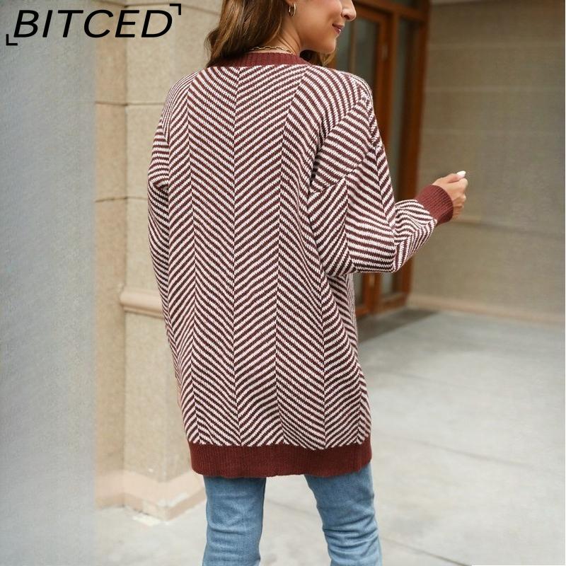 BITCED Oversized Long Cardigan Sweater for Women Autumn/Winter Lazy Style Striped Colour-Block Knit Cardigan
