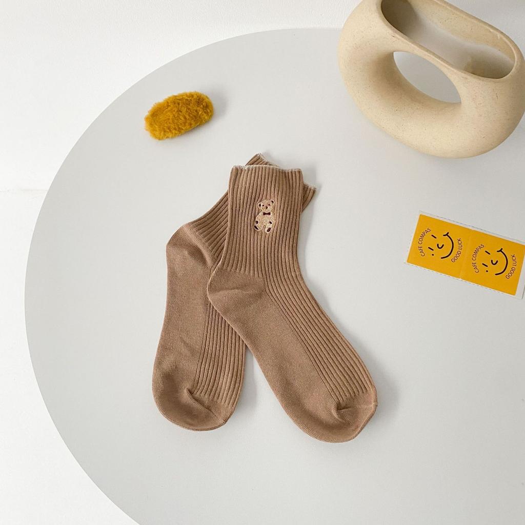 21 New Products Embroidered Bear Socks For Women, Simple And Cute College Style Socks, Casual Solid Color Medium Tube Socks Cotton.
