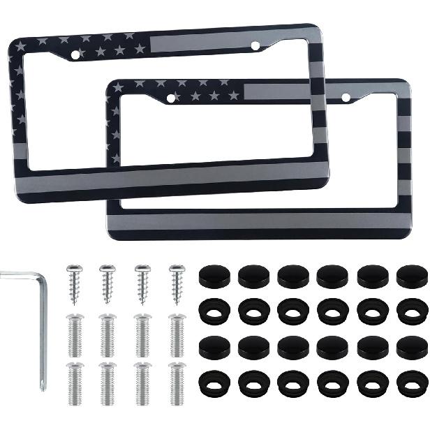 n Flag License Plate Frames, 2 Holes Stainless Steel Flag Gray & Black