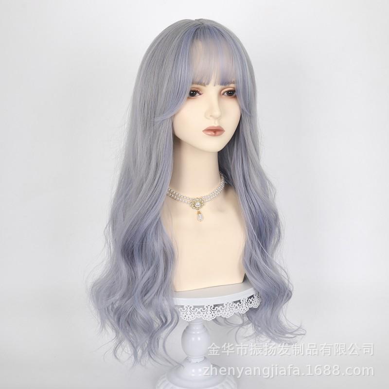 Long Wavy Synthetic Wig With Air Bangs Blue Gray Ombre Full Cap Women Natural Volume Comfortable Breathable