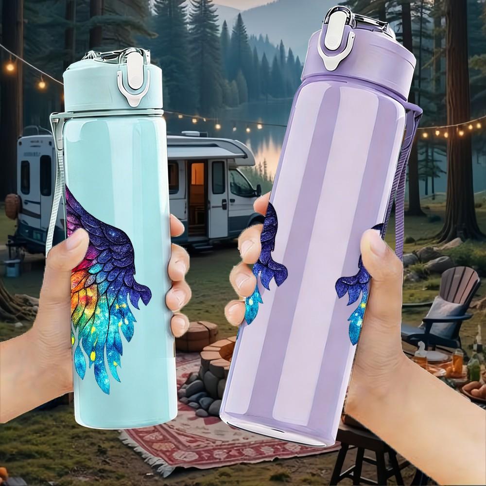 1PC Rainbow Color Feather Wings Pattern 750ml Color Plastic Sports Water Bottle Leakproof Flip Straw Lid Suitable for Sports Office Home Use