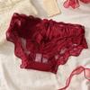Elegant French Red Lace Low-Waist Thongs: Sexy & Festive Women's Wedding Panties