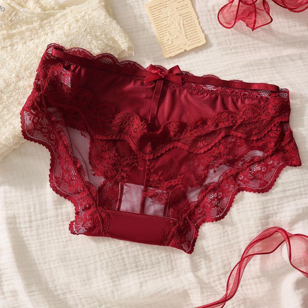 Elegant French Red Lace Low-Waist Thongs: Sexy & Festive Women's Wedding Panties