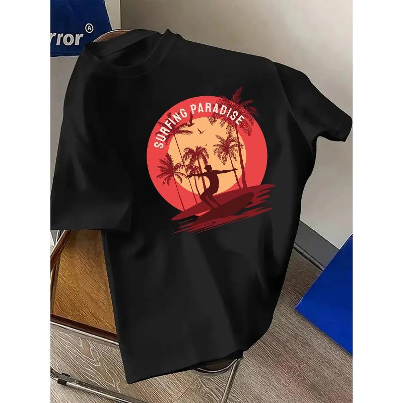 European sizes Men'S T-Shirts Surfing Paradise Pattern Crew Neck Short-Sleeved T-Shirt Men'S Casual Short-Sleeved T-Shirt