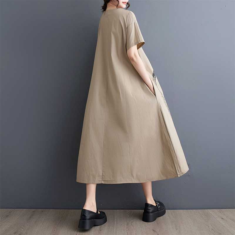 Summer Women's Loose Plus Size Printed Round Neck Mid-Length Literary Vintage Dress