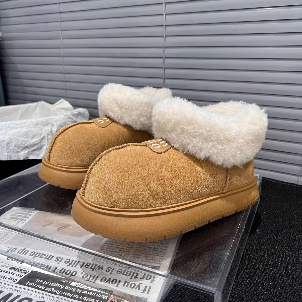 Thick-soled snow boots women's new winter velvet matte leather low-top big head one-pedal warm fluffy cotton shoes