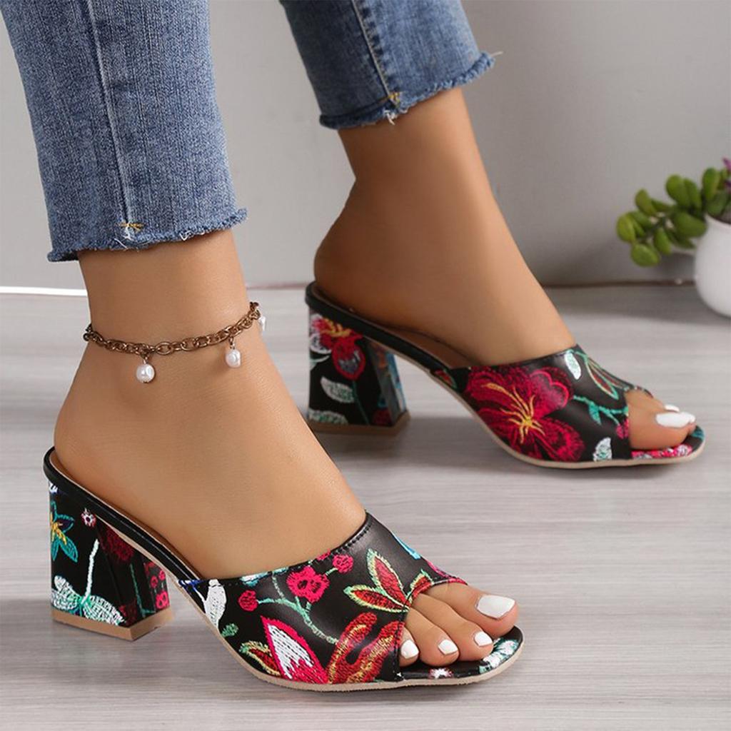 Women's Large Size Thick Heel Slippers Summer Printed Square Toe High Heels Sandals And Slippers