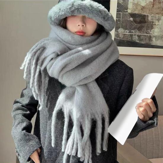 Women Winter Scarf Solid Color Lightweight Soft Warm Scarf with Tassel Trim Cold Weather Imitation Cashmere Scarf