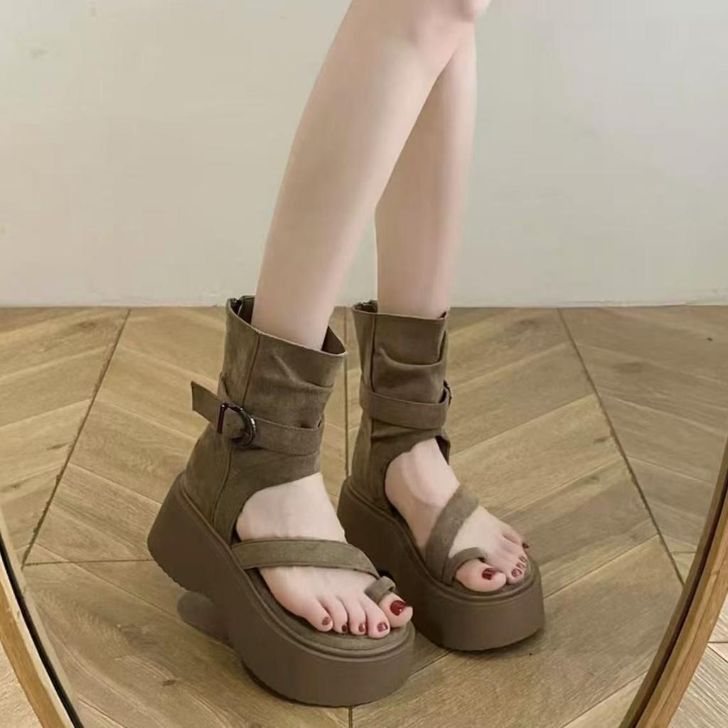 [Fanfna] Summer new retro platform Roman cool boots women's fashion set toe high-top sandals heightening short boots