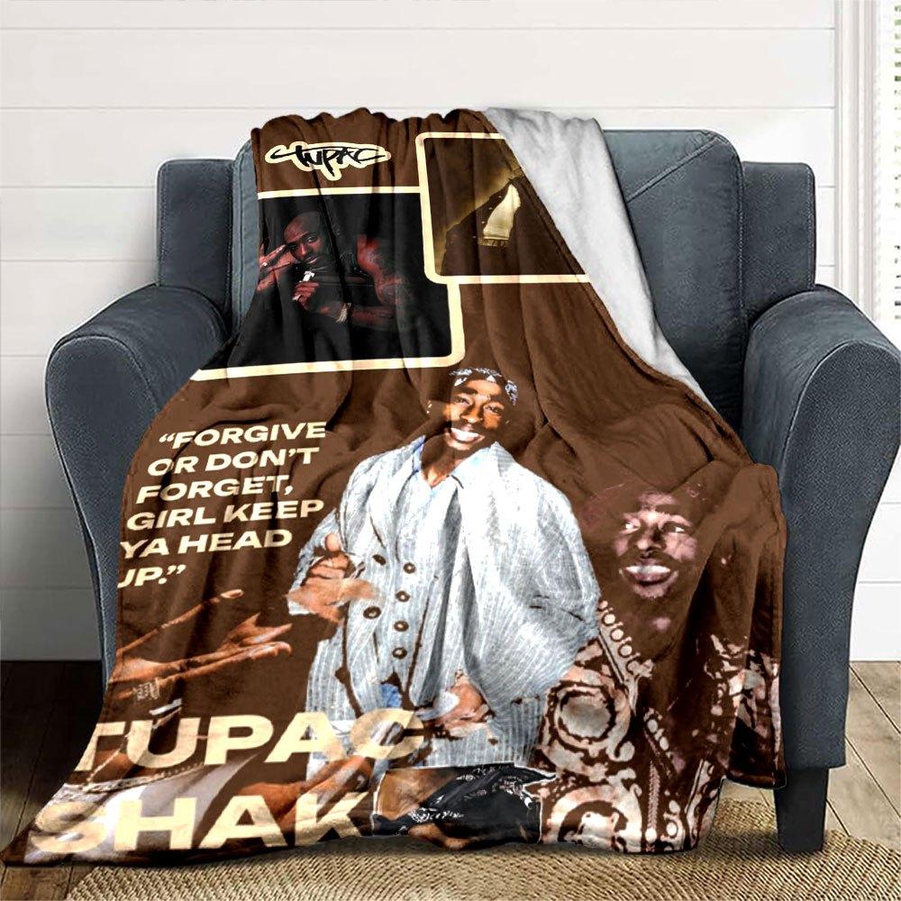 1pc 2PacHip Hop Blanket Soft Lightweight All Season Multi Purpose Throw for Sofa, Bed, Office & Picnics, French Style with Iconic Album Art & Quotes