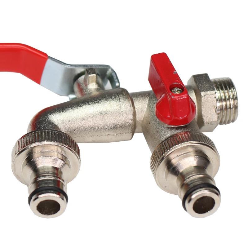 Double Head Outdoor Garden Water Faucet 1 Inlet 2 Outlet Brass Faucet Splitter with Dual Nipple and Outdoor Balcony Faucet