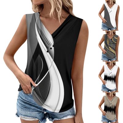 Summer Womens Tank Tops V Neck Casual Printed Sleeveless Shirts Casual Loose Fit Pleated Tshirts Tees Ladies Blouse