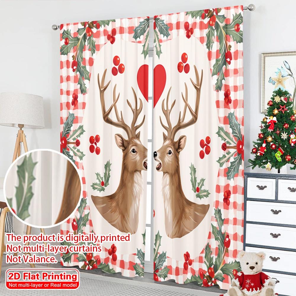 2pcs 2D Flat Printing Christmas Curtains Deer Heart Holly Christmas Fabric Without Electricity Festive Holiday Use for Classroom