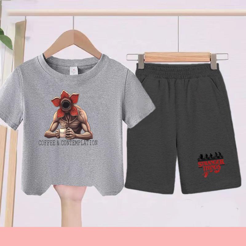 Children's Summer Set with Cartoon Monster Patterns - Boys' and Girls' Sports T-shirts and Casual Short-sleeved Shorts Sets