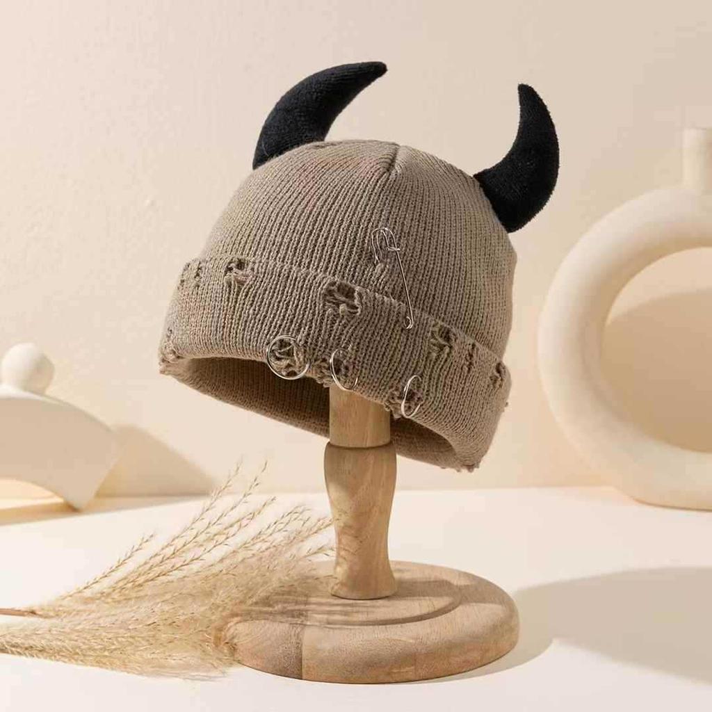 Little Devil Horn Pin Knitted Hat Wool Hat Men's and Women's Christmas Funny Decoration Ripped Melon Hat