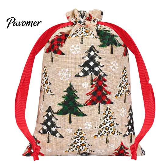 Large Holiday Gift Pouches Christmas Tree Print Drawstring Bags, Faux Linen Xmas Treat Bag, Festive Ornament Storage Reusable Candy & Apple Pouch for