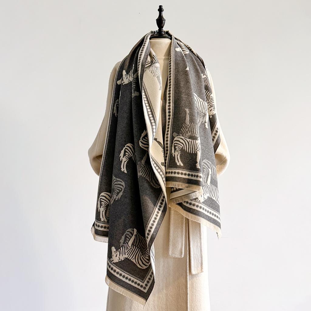 Women Luxury Warm Cashmere Poncho Shawl Scarves Zebra Print Thick Pashmina Winter Blanket Wrap Casual Hijab Stole Scarf