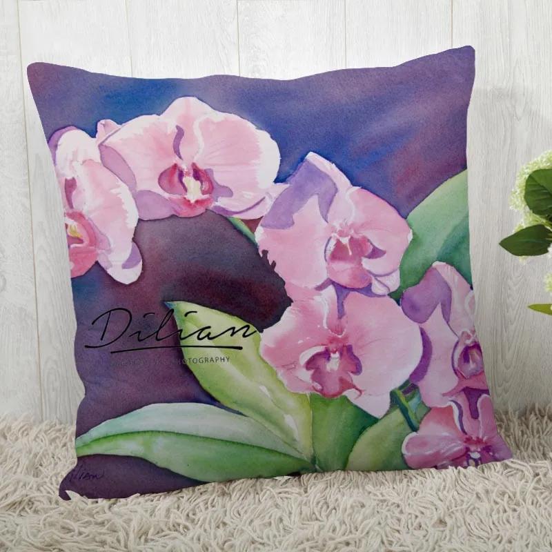 Neue Orchideenmalerei Kissenbezug Schlafzimmer Home Office Dekorative Blumen Kissenhülle Quadratisch Reißverschluss Kissenbezüge Satin Weich Kein Ausbleichen