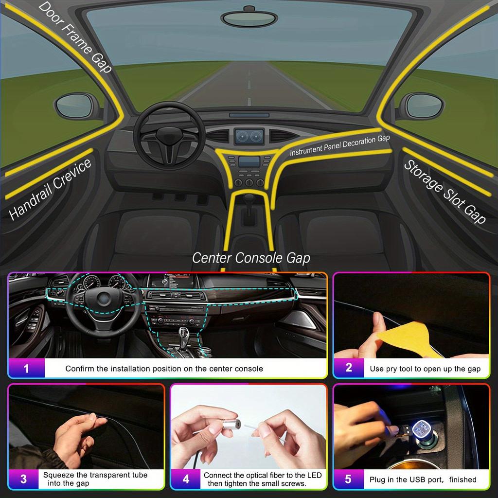 6 In 1 Car Interior Ambient LED Light Kit RGB Strip Lights with Fiber Optic Tube APP and Remote Control Neon Mood Sync Lighting