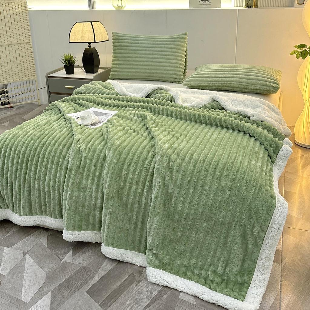 Striped Imitation Rabbit Fur Plush Blanket with Lambswool - Double Layer for Home and Dorm