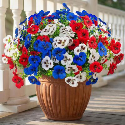 4th of July Artificial Pansy Flowers for Outdoor, UV Resistant Faux Silk Patriotic Flowers, Red Blue White Fake Flowers for Planter Front Door Porch