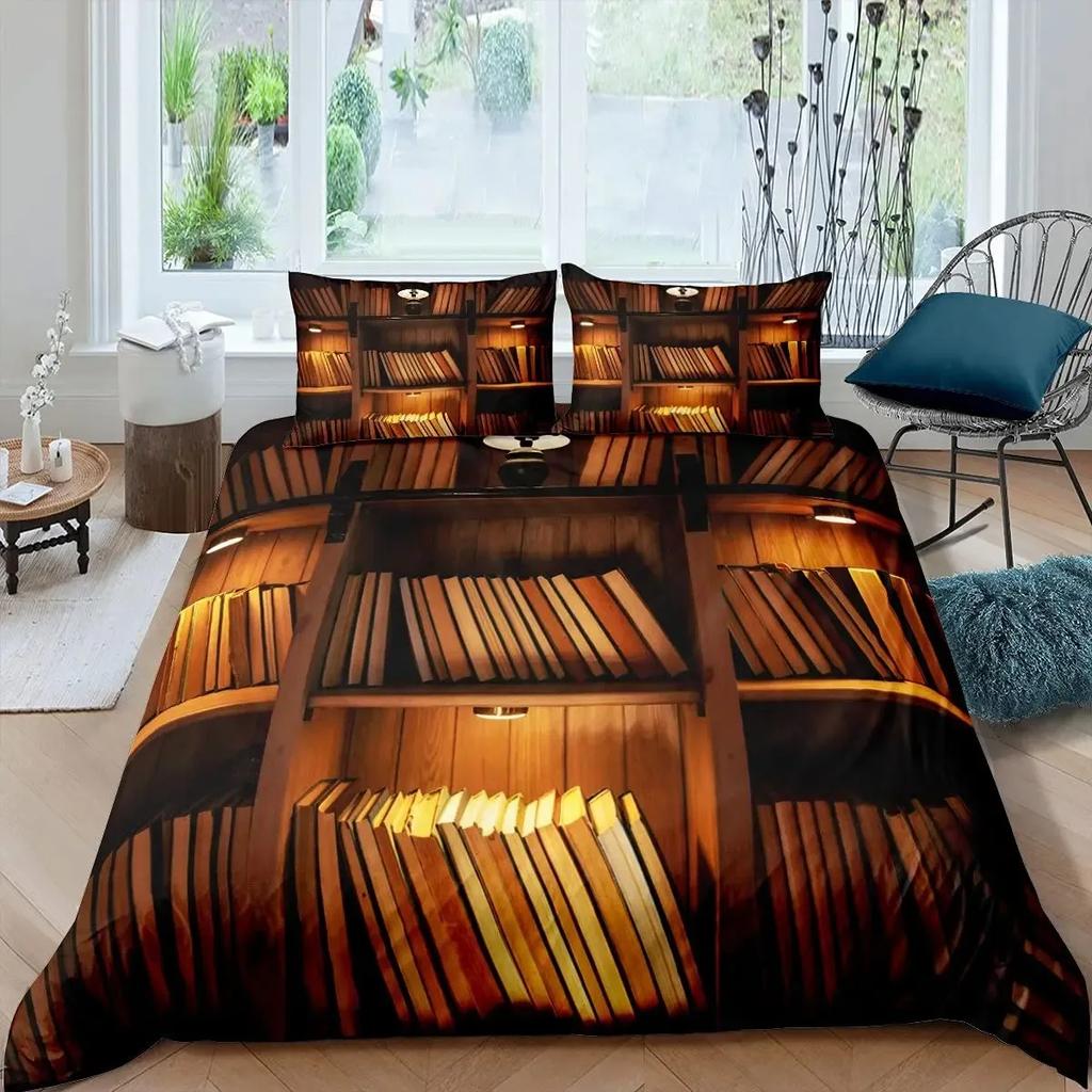 Books Lovers Gift Duvet Cover Set Full Size,Readers And Literary Lover Bedding Sets,Vintage Librarians Bookshelf Comforter Cover