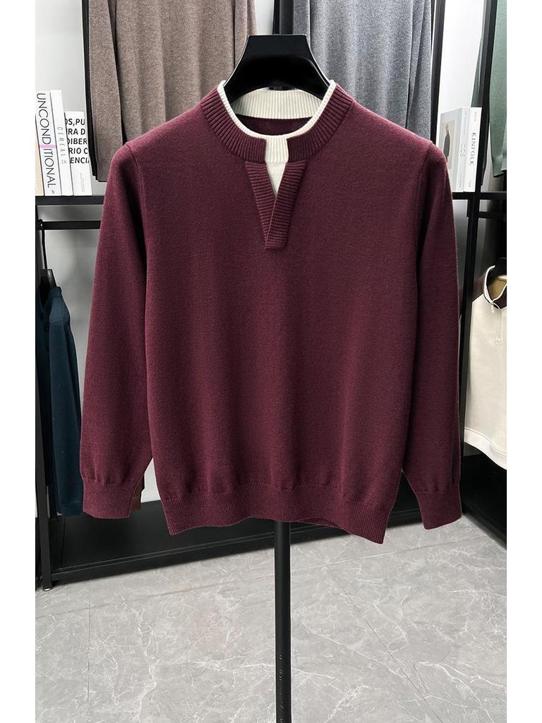 Men's V-Neck Faux Two-Piece Knit Sweater: Casual Long Sleeve Base Layer for Autumn & Winter