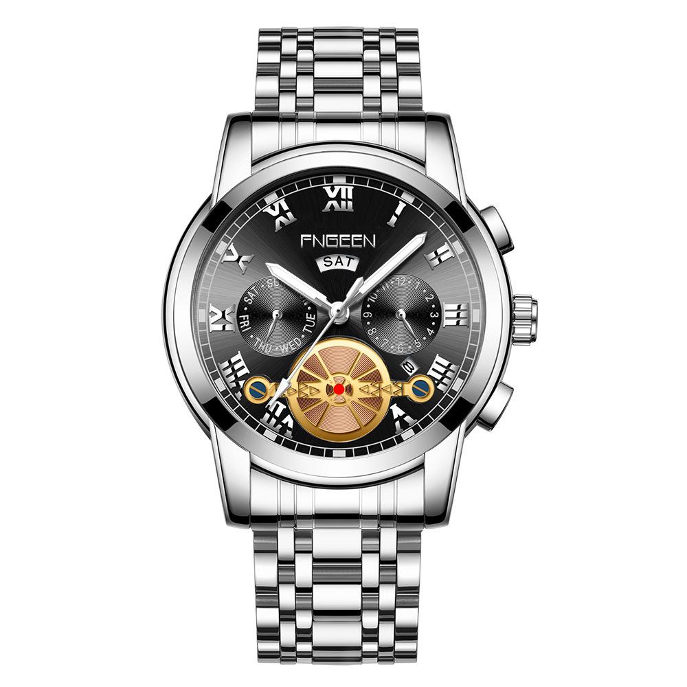 Orologio da uomo FenZun con Tourbillon Volante Nero e Cinturino in Acciaio con Diamanti Neri