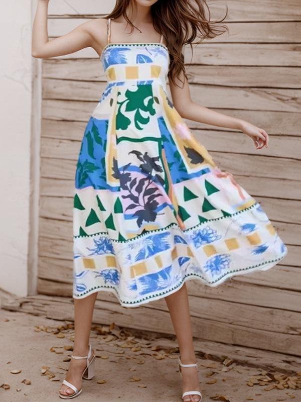 In Stock 2026: Graffiti Print Wide Hem Spaghetti Strap Dress for Women - Casual European & American Style