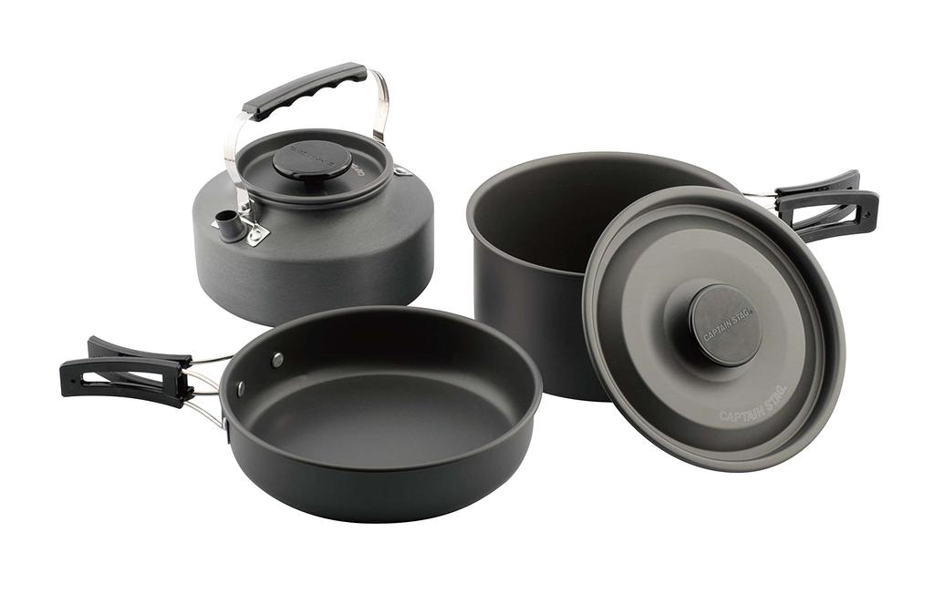 CAPTAIN STAG Kettle Frying Pan Cooker Easy Aluminum Cooker Set Hard Anodized Storage Case Included UH-4121
