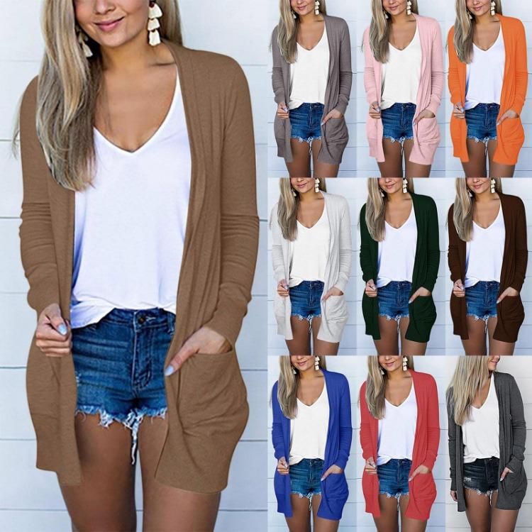 Lightweight Long Sleeve Women Cardigan Solid Color Top Jacket Long