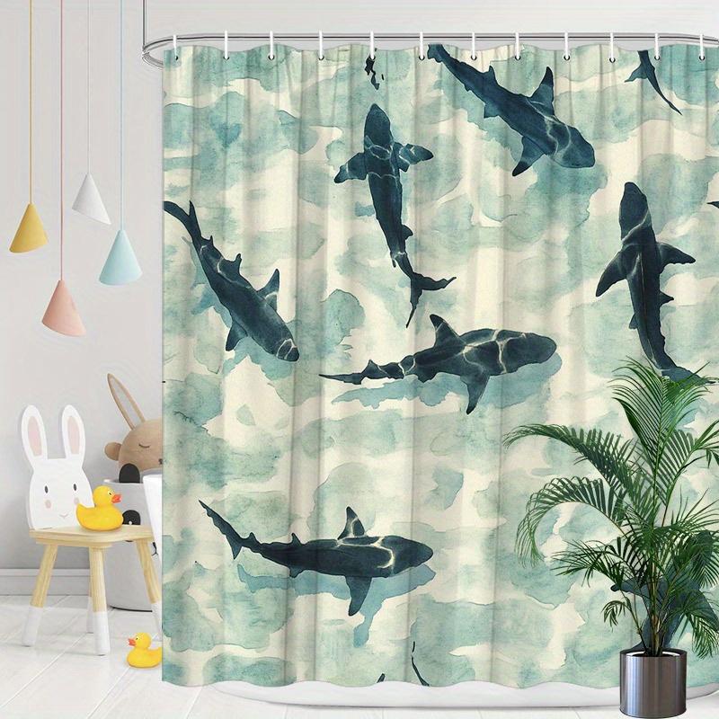 Shark Watercolor Shower Curtain 1pc – Swimming Sharks in Turquoise Ocean, Marine Art Bath Curtain for Bold Home Decor