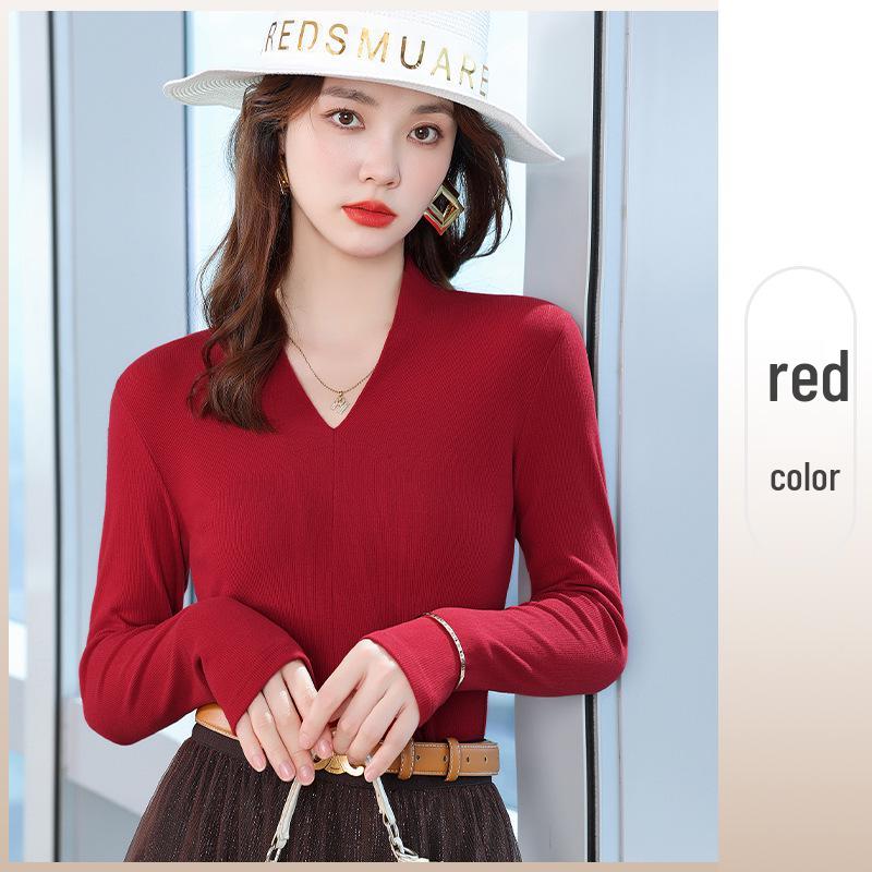 Women's Black V-neck Faux Cashmere Base Layer Top - Elegant, Slimming Autumn Outerwear for Small Suits