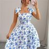 Strap Top Floral Dress Women A-line Sleeveless Lace Up Pleated Hem Spring Summer S-XL