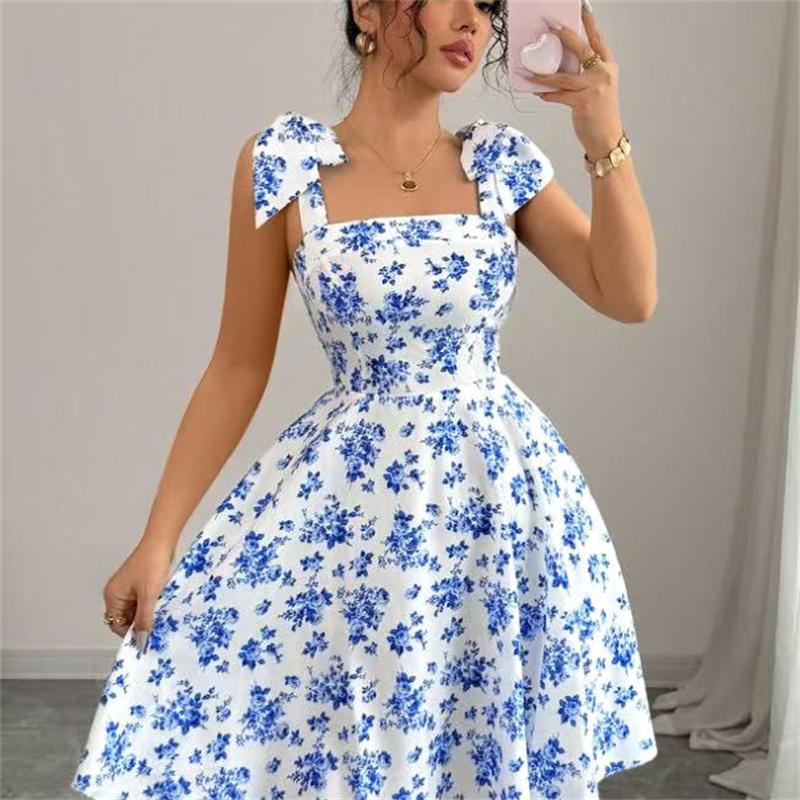 Strap Top Floral Dress Women A-line Sleeveless Lace Up Pleated Hem Spring Summer S-XL