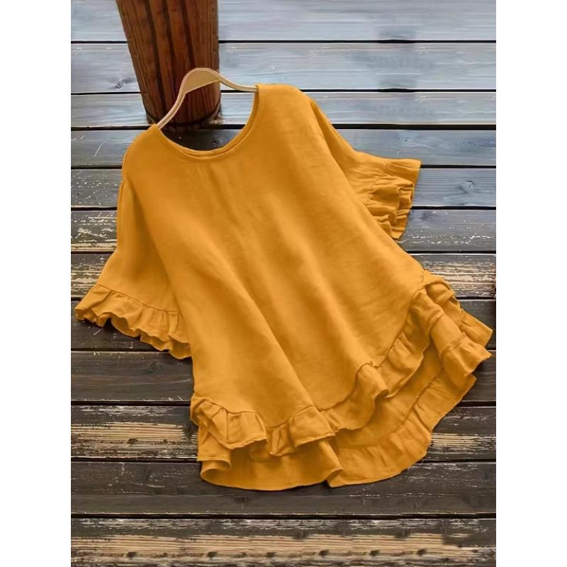 Plus Size Women's Ice Silk Pleated Ruffle Top with Flare Sleeves and Round Neck.