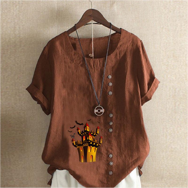 Women's Fashion Haunted House Prined Round Neck Short Sleeve T-shirt Casual Cotton Linen Graphic Shirt Leisure Loose Summer Blouse Tops