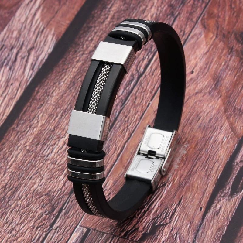 Bracelet en Acier Inoxydable Silicone Cuir Pour Hommes Chaîne à Main Sport Zircon Accessoires Cadeau Homme