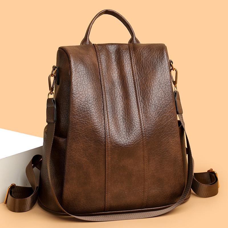 High-End Spring/Summer Women's Soft Leather Double Shoulder Bag - Large Capacity Retro Backpack