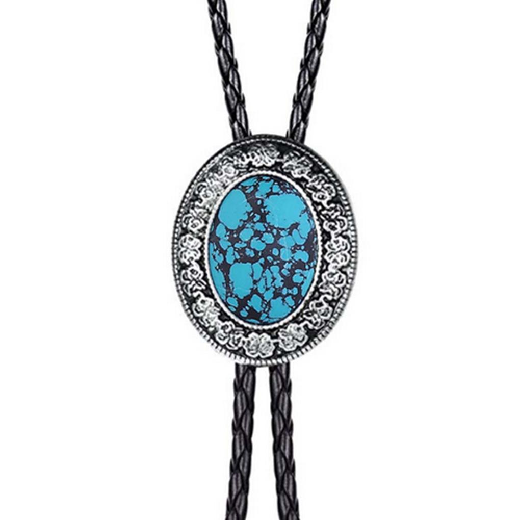 Vintage Metal Stone Black Hat Bolo Tie with Gemstones Leather Rope Pendant Necktie Jewelry Western Tie Western Necklace Costume
