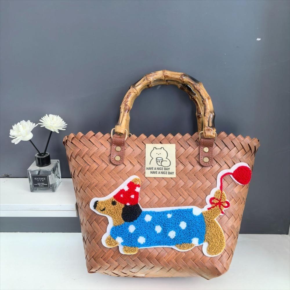 Casual PP Woven Handbags Stripe Woven Straw Bag Large Capacity Bamboo Handle Weaving Basket Female