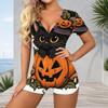 Women Plus Size V Neck Short Sleeve Halloween Printed Button Front Fitted Short Romper