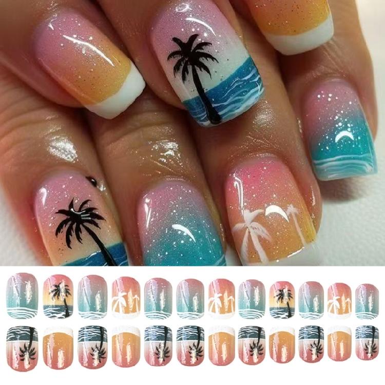 24 Pcs Sea and Coconut Tree Stick on Nail Summer Artificial Nail Short Square False Nail Glossy Press On Nail for Woman