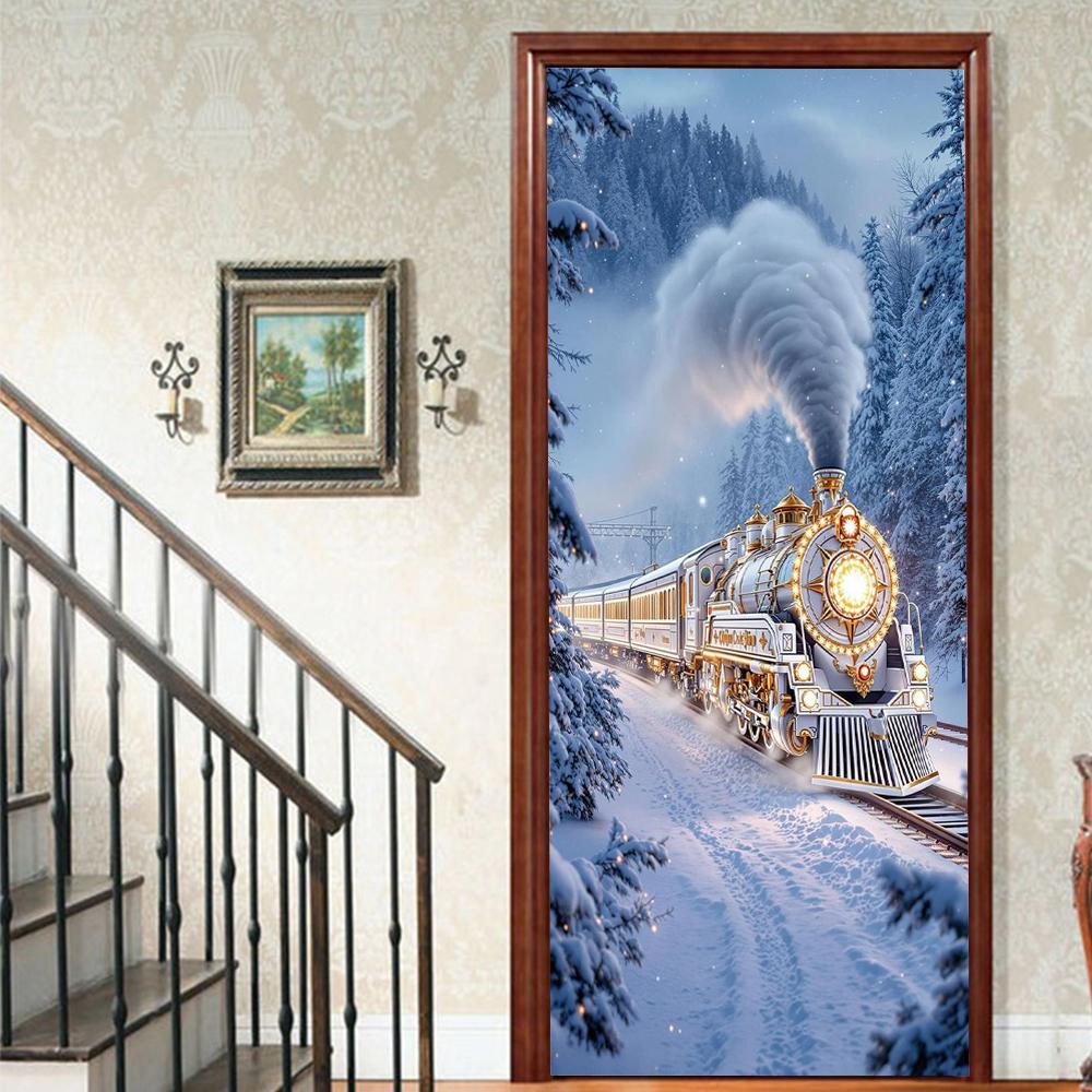 Christmas Santa Claus PVC Self-Adhesive Waterproof Door Sticker Modern Simulation Door Mural Wallpaper Living Room Study Home Decor Art Door Poster