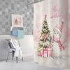 Pink Christmas Tree Snowman Shower Curtain, Cute Xmas Shower Curtains Set For Girls Decorative, Holiday Restroom Decor