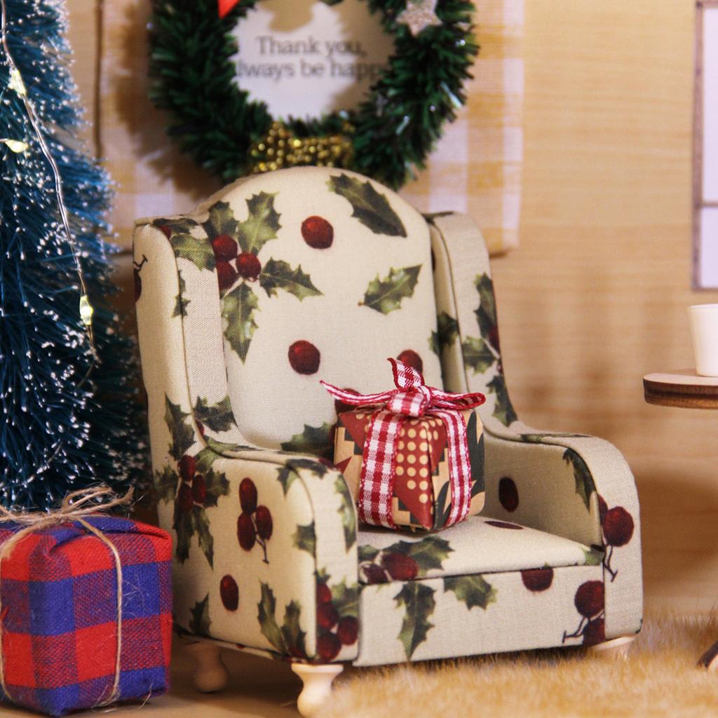 Miniature Sofa Model Figure 1/12 Scale Doll House Decoration Armchair with Washable Floral Fabric And Wood Frame Design