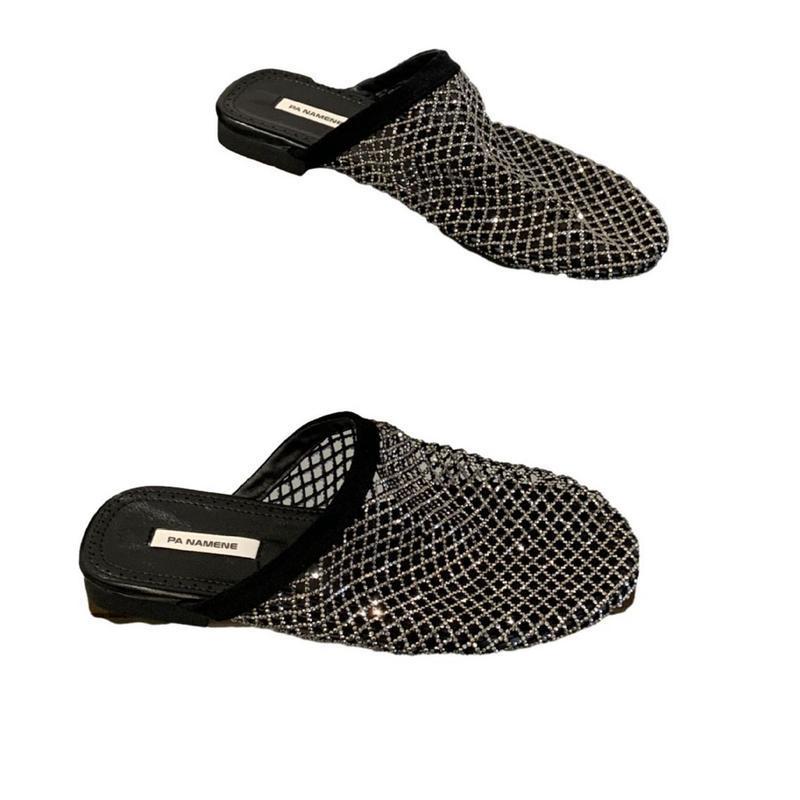 Women s Mule Sandals, Slippers, Sabot Pumps, Mesh Rhinestones, Openwork, Beans, Toe Flat Shoes, Indoor/Outdoor